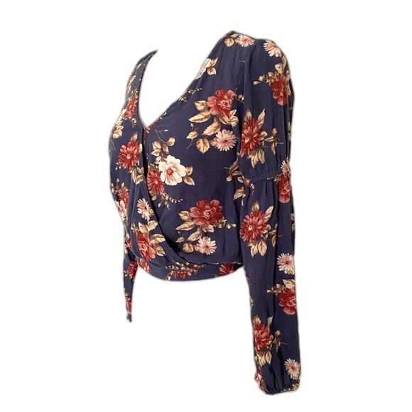 American Eagle Cropped Long Sleeve Floral Blouse Elastic Cuffs Waist Detail XS - Picture 5 of 8
